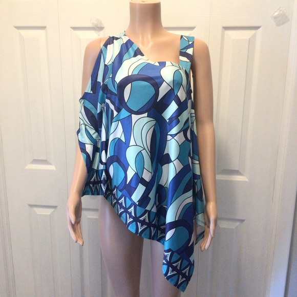 Kate & Mallory Womens Blue Geometric Print Cold Shoulder Tunic Blouse Size Med - Picture 2 of 8